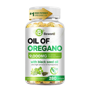BEWORD Oil of Oregano with Black Seed Oil, 280 Softgels, 9000mg Per Serving - 2-in-1 Oregano Supplement for Immune Health with High Carvacrol & Thymoquinone - Plant-Based, Non-GMO