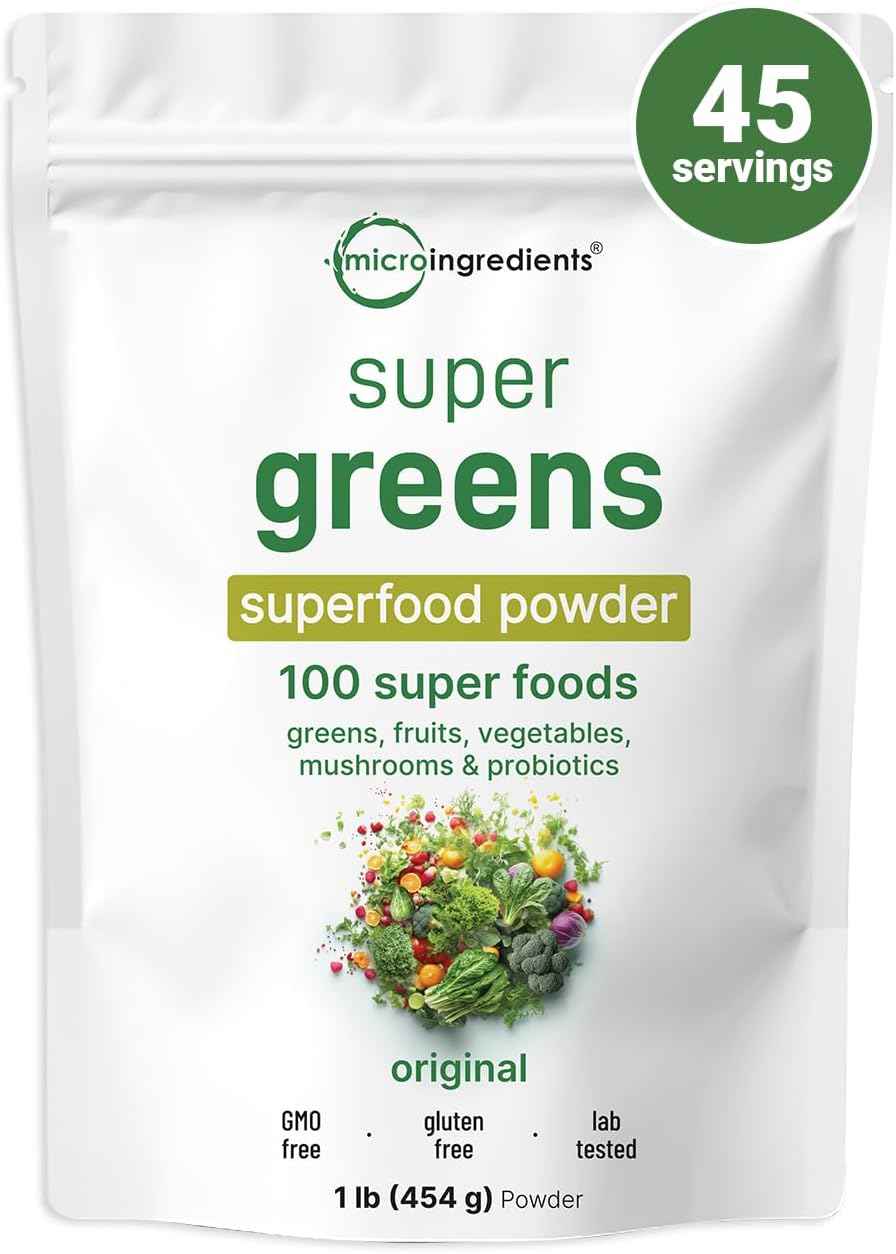 Micro Ingredients Super Greens Powder, 100 Superfoods, Green Drink Mix, 1lb - Superfood Blend with Daily Greens, Probiotics, Fruits, Vegetables & Mushrooms - 45 Servings - Non-GMO, Gluten-Free