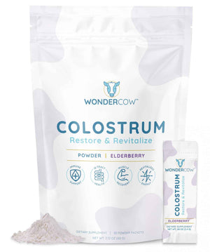 WONDERCOW Colostrum Supplement Powder for Gut Health, Immune Support & Wellness - Natural IgG Pure Whole Bovine Colostrum Superfood, Elderberry, 30 Servings