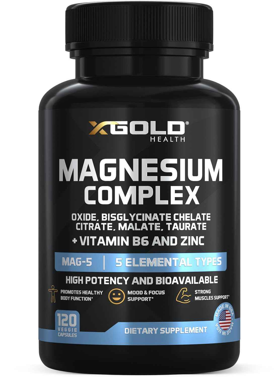 X Gold Health Magnesium Complex 5-in-1 with Zinc & B6 High Absorption Capsules (Glycinate, Citrate, Malate, Taurate, Oxide) Muscle Recovery, Energy, Sleep Support & Immune Health 500mg Made in USA