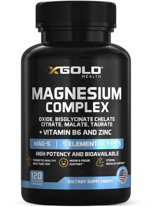X Gold Health Magnesium Complex 5-in-1 with Zinc & B6 High Absorption Capsules (Glycinate, Citrate, Malate, Taurate, Oxide) Muscle Recovery, Energy, Sleep Support & Immune Health 500mg Made in USA