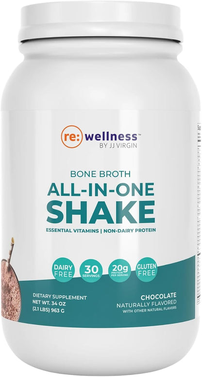 Reignite Wellness by JJ Virgin - Chocolate Bone Broth All-in-One Shake - Gluten Free + Dairy Free Protein Powder - Contains 20G of Beef Protein with Vitamins, Minerals, Amino Acids - 30 Servings