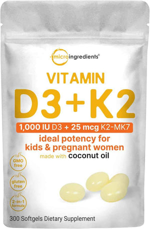 Micro Ingredients Vitamin D3 1,000 IU + K2 MK-7 25 mcg, 300 Softgels - Virgin Coconut Oil - 2-in-1 Bone, Immune & Heart Support - Easy to Swallow, Non-GMO