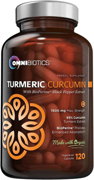 OmniBiotics Organic Turmeric Curcumin Supplement with Black Pepper Extract - 1500mg Turmeric with 95% Curcuminoids & BioPerine, High Absorption for Joint Support - 120 Vegan Capsules