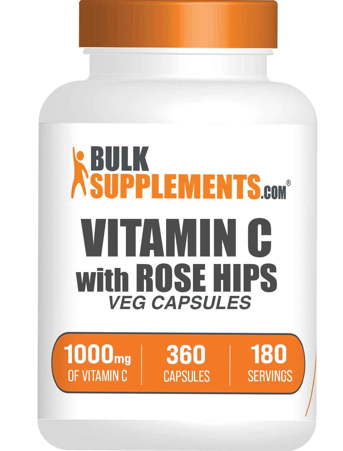 BulkSupplements.com Vitamin C with Rose Hips Capsules - Ascorbic Acid Supplemnet, Rose Hips for Immune Support - Vegan, 2 Capsules per Serving (1000mg), 360 Count (Pack of 1)