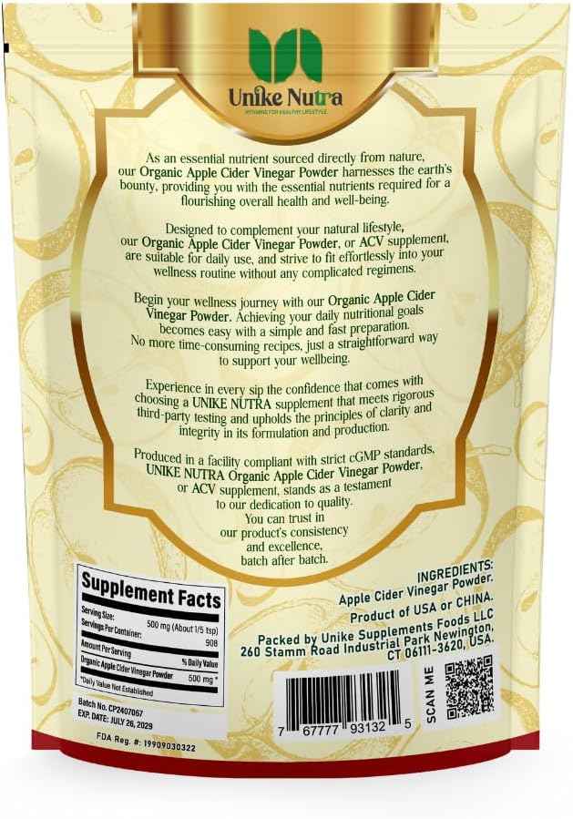 Organic Apple Cider Vinegar Powder - Apple Cider Vinegar Supplement, ACV for Digestive Support - Vegan & Gluten Free, 500mg per Serving, 454g (1 lbs)