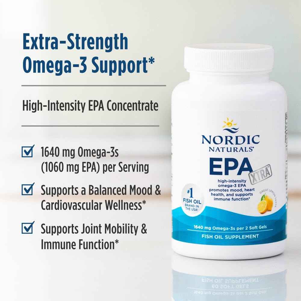 Nordic Naturals EPA Xtra, Lemon - 60 Soft Gels - 1640 mg Omega-3 - High-Intensity EPA Formula for Positive Mood, Heart Health & Healthy Immunity - Non-GMO - 30 Servings