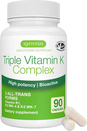 Igennus High Potency Vitamin K Complex, K1 & K2 (MK-4 & MK-7), 90 Capsules - All Trans Bioactive Form for Superior Bone & Cardiovascular Support, 1-a-Day, Clean Label, Vegan