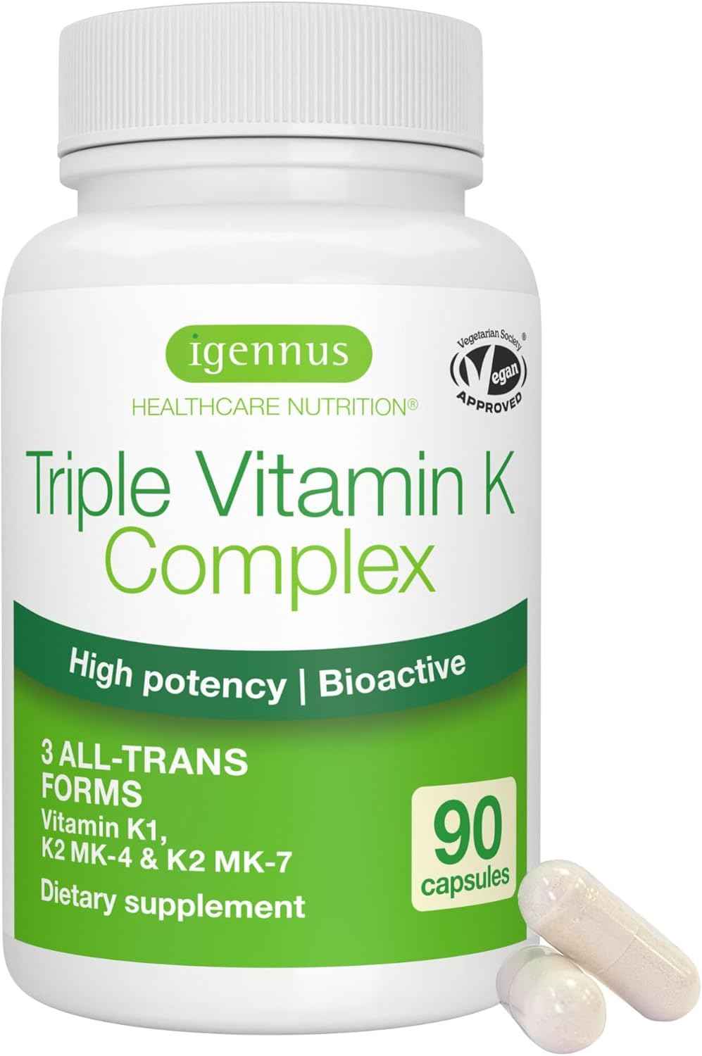 Igennus High Potency Vitamin K Complex, K1 & K2 (MK-4 & MK-7), 90 Capsules - All Trans Bioactive Form for Superior Bone & Cardiovascular Support, 1-a-Day, Clean Label, Vegan