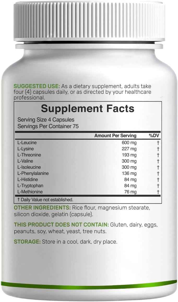 Essential Amino Acids (EAA) 2000mg Per Serving, 300 Capsules - Unflavored - 9 in 1, All BCAAs (Branched-Chain Aminos) - Lean Muscle Support & Natural Pre Workout Supplement