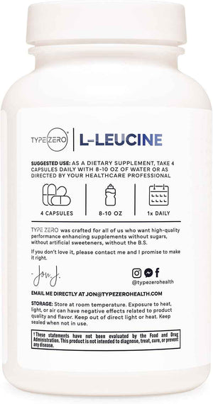 Type Zero L-Leucine Capsules (2000mg) 120 Capsules, 30 Servings