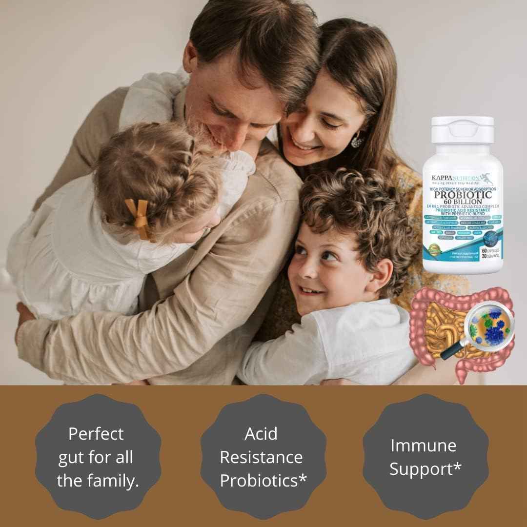 KAPPA NUTRITION Probiotic 60 Billion CFU 14 in 1 Formula with Prebiotics & Acidophilus for Women, Men & Adults, Shelf Stable, Acid Resistant, Natural Supplement 60 Capsules.