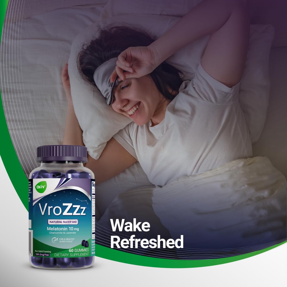 AXIV VroZzz Melatonin Sleep Aid Gummies, 10 mg Melatonin, with Chamomile, Lavender & Valerian Root, Supports Occasional Sleep, 60 Gummies