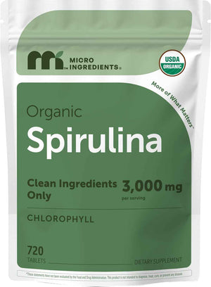 Micro Ingredients Organic Spirulina Supplement, 720 Tablets (4 Month Supply), No Filler & Non-GMO, Rich in Vegan Protein, Vitamins & Prebiotics, Premium Spirulina Pills