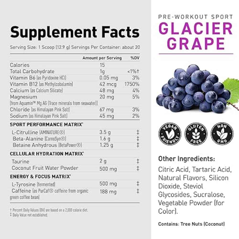 Kaged Pre Sport Pre Workout Powder Glacier Grape Creatine Monohydrate Micronized Powder Bundle, Energy & Muscle Recovery Supplement Pack, 20 Servings Pre-Workout + 100 Servings Creatin