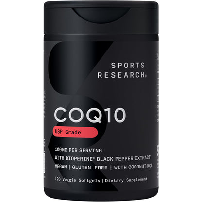 Sports Research CoQ10 (100mg) Enhanced w/Coconut Oil & Bioperine (Black Pepper) for Better Absorption - Vegan Certified, Non-GMO Verified (120 Veggie Softgels)