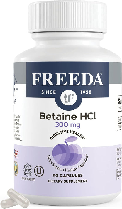 Freeda Betaine HCl Vegan Digestive Supplement - 90 Capsules - Vegan Betaine HCl Supplement - Supports Healthy Digestion - Free Of Pepsin - For Daily Digestive Wellness