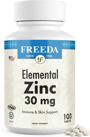 FREEDA Elemental Zinc 30mg - Vegan Immune, Skin & Eye Support - 100 Tabs - Tiny Easy-to-Swallow Tablets Made with Zinc Gluconate - Gluten-Free, Kosher, and Made in USA GMP-Compliant Facilities