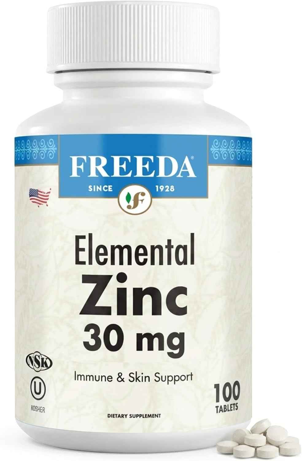FREEDA Elemental Zinc 30mg - Vegan Immune, Skin & Eye Support - 100 Tabs - Tiny Easy-to-Swallow Tablets Made with Zinc Gluconate - Gluten-Free, Kosher, and Made in USA GMP-Compliant Facilities