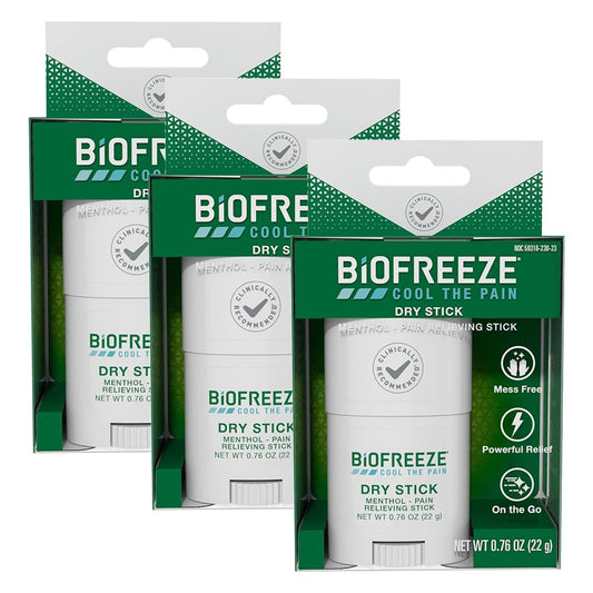 Biofreeze Dry Stick, Mess-Free Relief for Neck, Shoulder, Knee, Hip, Hand & Joint, Cooling Menthol Pain Relief Stick, 100+ Uses (3 Pack)