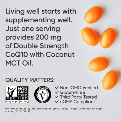 Sports Research CoQ10 (100mg) Enhanced w/Coconut Oil & Bioperine (Black Pepper) for Better Absorption - Vegan Certified, Non-GMO Verified (120 Veggie Softgels)