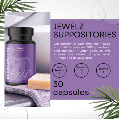 Vagesty Jewelz boric Acid Vaginal Suppositories, 100% Pure boric Acid, rebalance Vaginal pH
