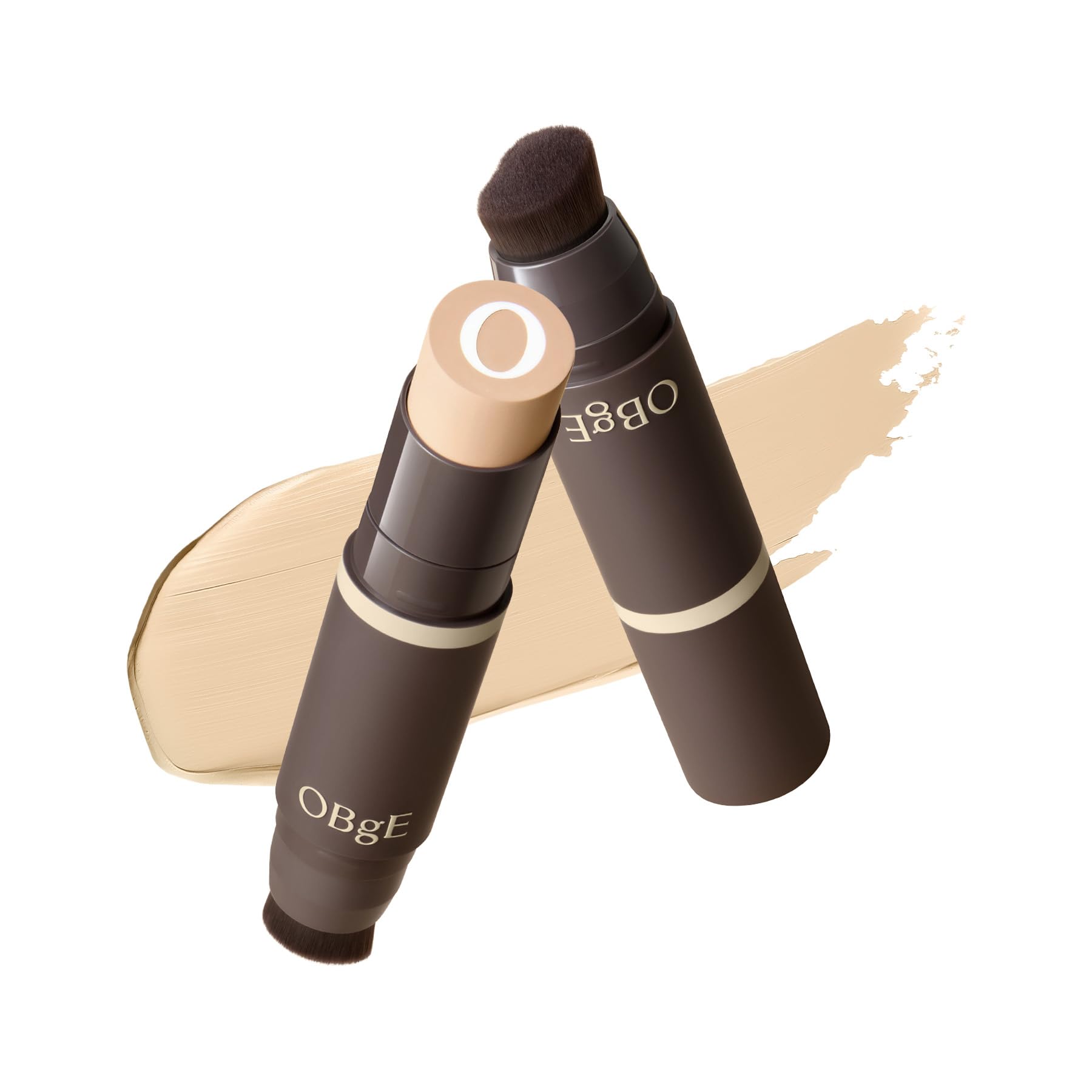 OBgE Natural Foundation Stick High Coverage with Brush #2 Beige, 0.49oz - Seamless Matte Finish, Immediate Pore Blurring, All-Day Shine Control, All-In-One Korean Makeup, Built In Detachable Brush
