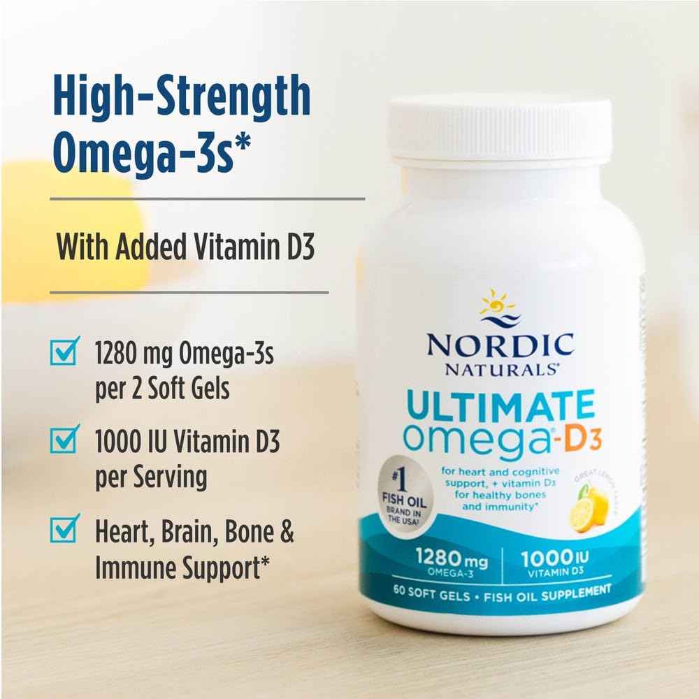 Nordic Naturals Ultimate Omega-D3, Lemon Flavor - 90 Soft Gels - 1280 mg Omega-3 + 1000 IU Vitamin D3 - EPA & DHA - Promotes Brain, Heart, & Immune Health - 45 Servings