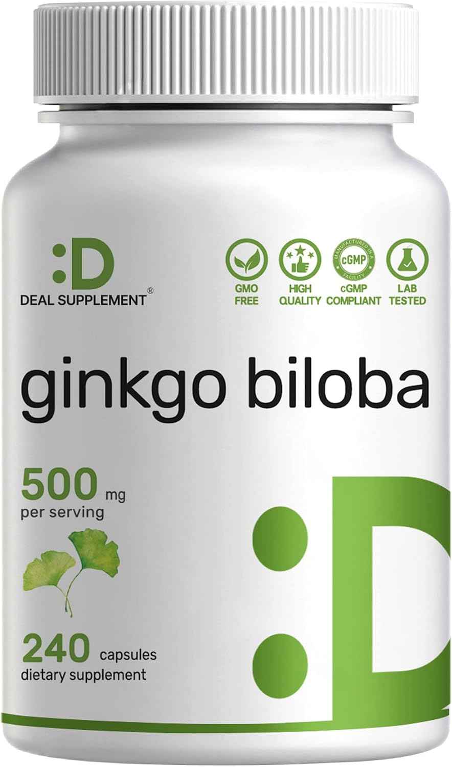 DEAL SUPPLEMENT Ginkgo Biloba 500mg Per Serving, 240 Capsules, 4 Month Supply - Grown in Northern Asia - Extra Strength, Promotes Brain Function