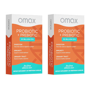 Omax3 Probiotic & Prebiotic 50 Billion CFU + Chicory Inulin, - 10 Strains Digestive Health Supplement - Supports Gut Health, Bloating Relief, Vegan, Dairy-Free, Gluten-Free, Non-GMO (2 Pack)