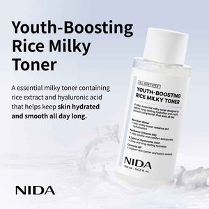 NIDA Youth-boosting Rice Milky Toner, for Glass Skin | Rice Bran Extract, Niacinamide, Ceramide NP, Panthenol | Deep Moisturizing, Hydrating and Refreshing