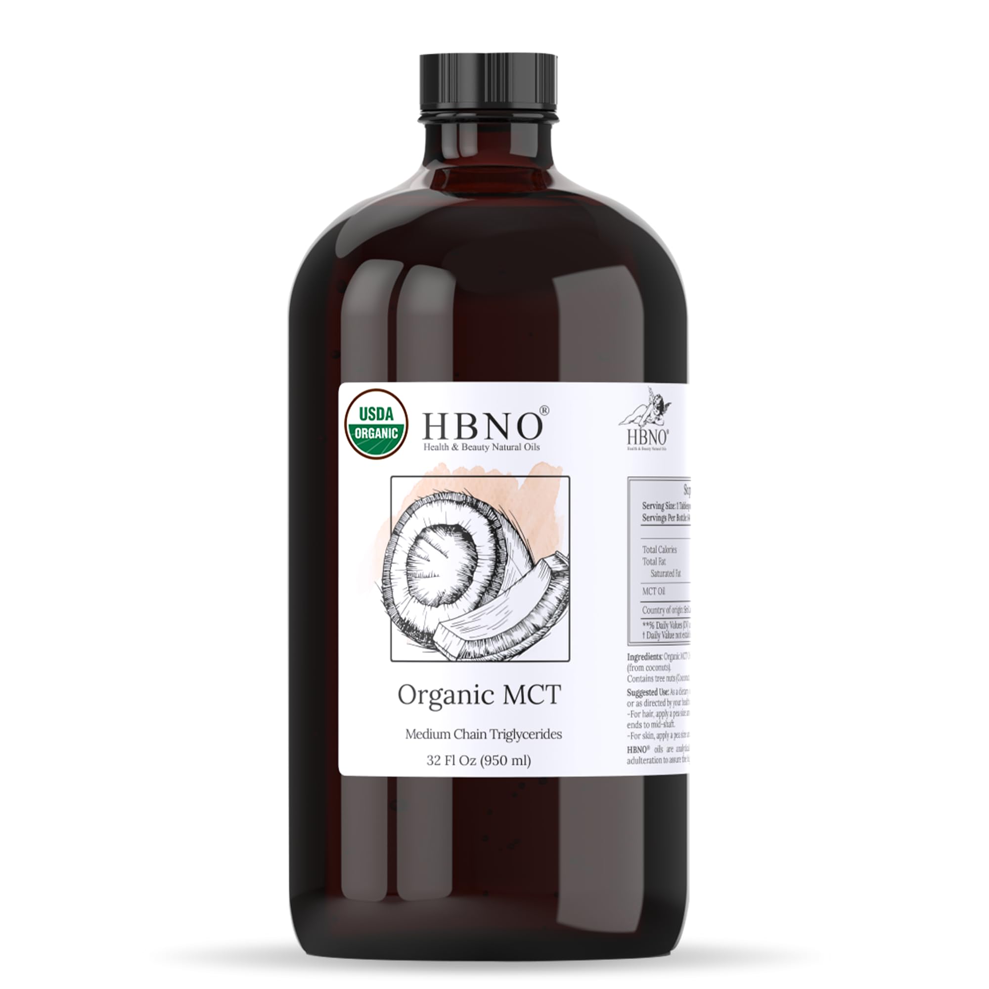 HBNO Organic MCT Oil - 32 oz (950ml) Value Size - Ideal for Salad dressings, Lip balms, Face wash, Lotions, Skincare, and hair care products.
