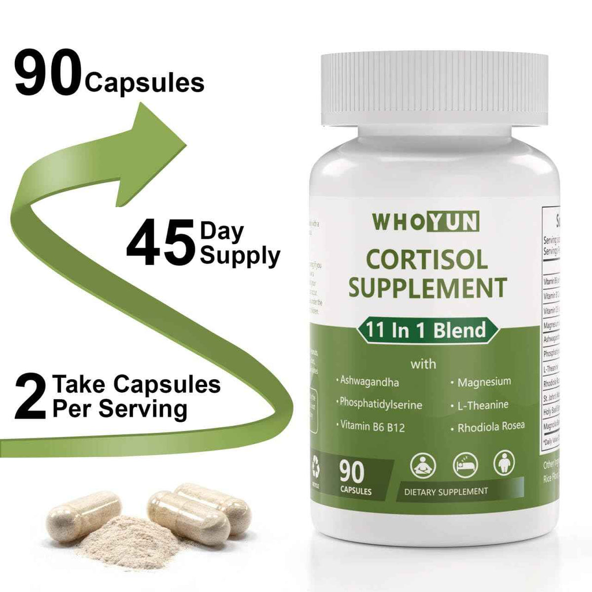 Whoyun Cortisol Supplement for Women, 11 in 1 Lower Cortisol Blend with Ashwagandha, Phosphatidylserine, Magnesium, L-Theanine, Vegan, 90 Capsules