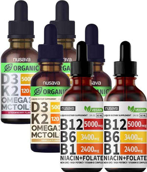 NUSAVA Vitamin B12 Liquid Drops, Strawberry Flavored D3 K2 & Vanilla Flavored D3 K2 Bundle - Daily Wellness Liquid Vitamins for Energy & Immune Support - Non-GMO, Gluten-Free, 2pk Each