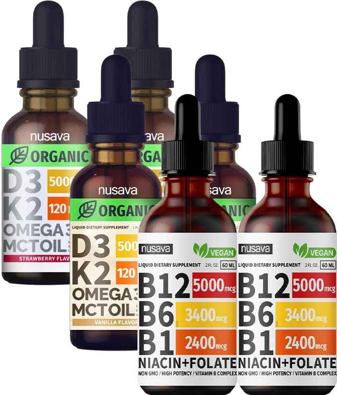 NUSAVA Vitamin B12 Liquid Drops, Strawberry Flavored D3 K2 & Vanilla Flavored D3 K2 Bundle - Daily Wellness Liquid Vitamins for Energy & Immune Support - Non-GMO, Gluten-Free, 2pk Each