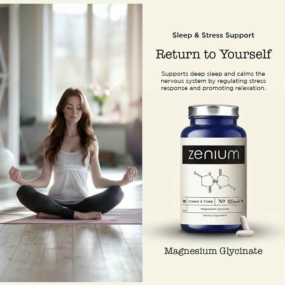 Zenium - Magnesium Glycinate for Sleep, Chelated, 600mg per Serving, 120 Capsules - High Absorption - Relieve Tension, Worry, Nervousness - Calm The Mind & Body - Ayurvedic - Natural Relief Supplement