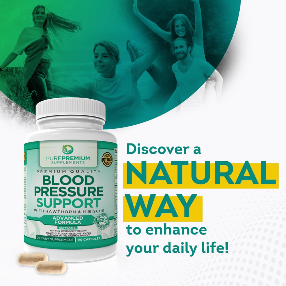 PurePremium Blood Pressure Support Supplement with Hawthorn, Hibiscus & Garlic