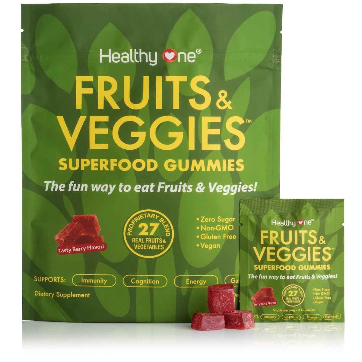 Fruits & Veggies Sugar-Free Gummies - 27 Whole Foods - Equals 3 Servings of Fruits & Vegetables - Improve Energy, Focus & Immune Function - Fiber - Antioxidants - Organic Ingredients - 14 Packets