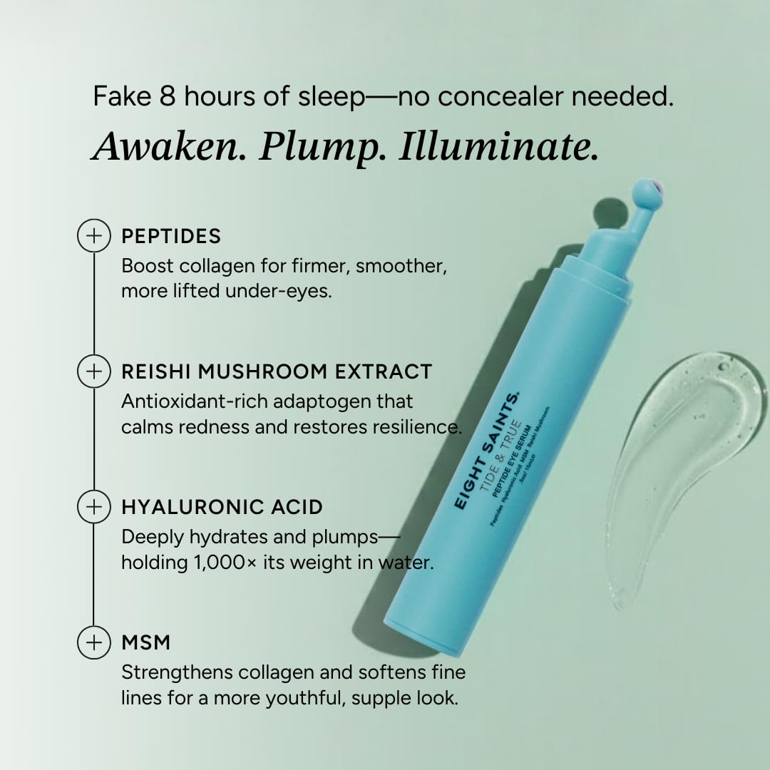 Eight Saints Tide & True Peptide Eye Serum (0.5 fl oz) – Under Eye Roller Ball Treatment for Puffiness, Dark Circles & Fine Lines