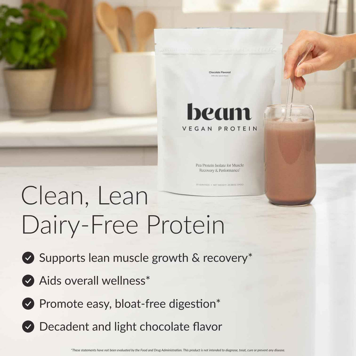 BEAM Vegan Protein Powder - Organic Pea Protein Isolate, 20g Plant-Based Protein per Serving, Third-Party Tested, No Added Sugar, Dairy Free, Soy Free, Gluten Free, 20 Servings, Chocolate