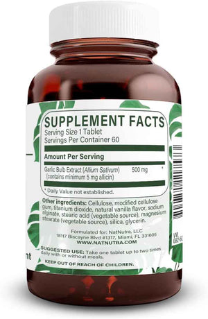Natural Nutra High Allicin Garlic Supplement, Supports Immune System, Improve Heart Health, Improve Enzymes Health, Better Digestion, Fights Cold and Flu, Vanilla Coating, 500mg, 60 Vegan Tablets