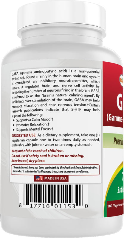 Best Naturals GABA Supplement 750mg 180 Veggie Capsules, Naturals Sleep Aid