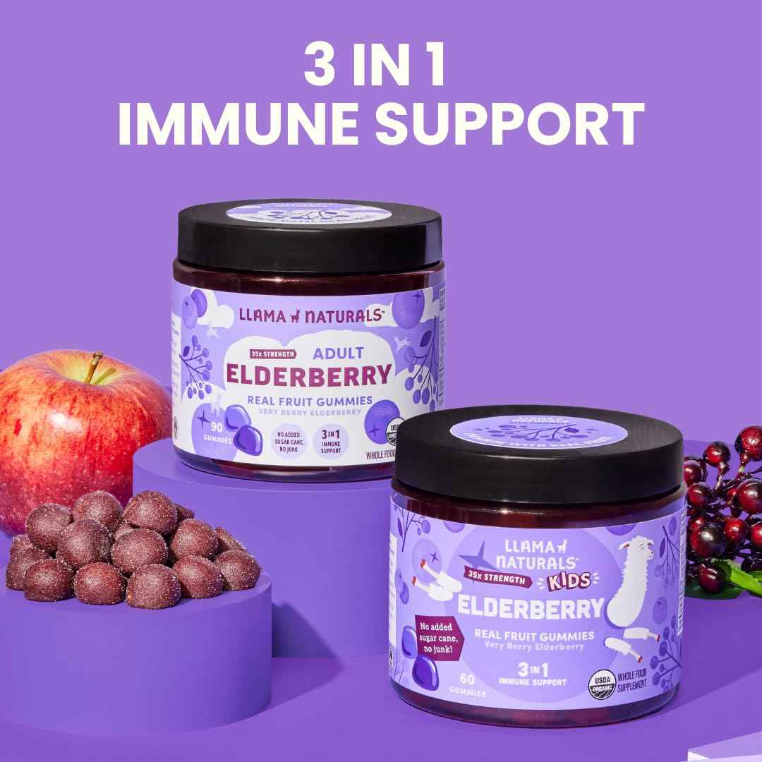 Llama Naturals Elderberry Gummies for Kids, Vegan, Organic Immune Support Supplement with Vitamin C and Zinc, Toddler Real Fruit Gummy Vitamins for Immunity