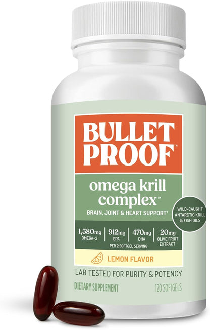 Bulletproof Omega Krill Complex Softgels, 120 Count - Lemon Flavor Omega 3 Supplement with Krill & Fish Oil, 1560mg EPA, DHA & GLA, Supports Brain, Heart & Joint Health, Non-GMO, Gluten Free
