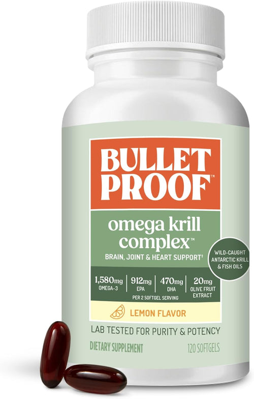 Bulletproof Omega Krill Complex Softgels, 120 Count - Lemon Flavor Omega 3 Supplement with Krill & Fish Oil, 1560mg EPA, DHA & GLA, Supports Brain, Heart & Joint Health, Non-GMO, Gluten Free