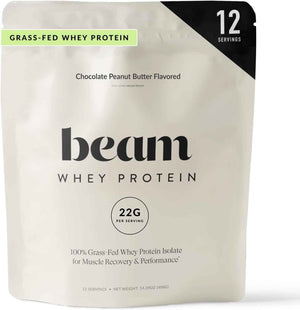 BEAM Grass Fed Whey Protein Powder - Chocolate Peanut Butter, 12 Servings, 22g Protein Per Serving, Clean Whey Isolate & Concentrate, Low Carb, Paleo Friendly, GMO Free, Gluten Free, 3rd Party Tested