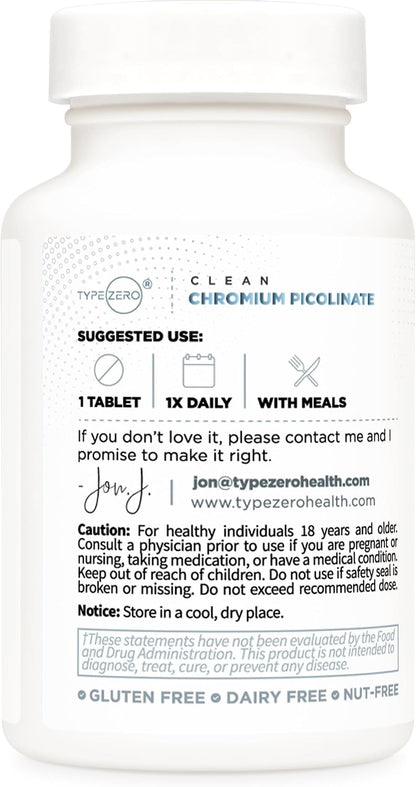 Type Zero Clean Chromium Picolinate (1000mcg) 120 Tablets, Gluten-Free - GMO-Free