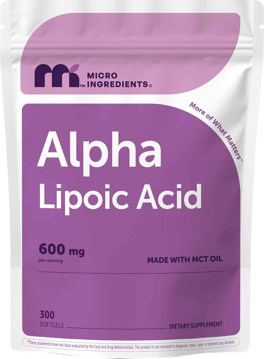 Micro Ingredients Alpha Lipoic Acid 600mg Per Serving, 300 Softgels - ALA Supplement - Made with MCT Oil - Non-GMO, Gluten-Free, Soy-Free