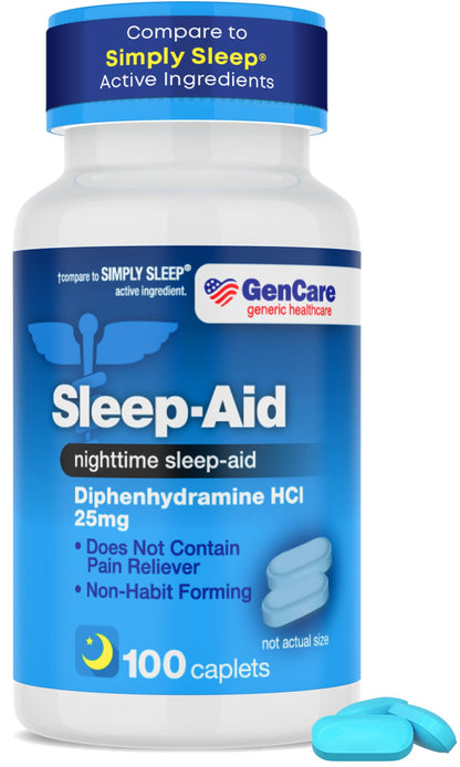GenCare Sleep Aid Diphenhydramine HCl 25mg Caplets, 100 Count