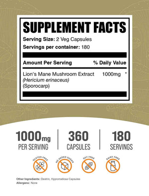 BulkSupplements.com Lion's Mane Mushroom Extract Capsules - Mushroom Supplement, Brain Supplement for Memory and Focus Support - Vegan, 2 Capsules per Serving (1000mg), 360 Capsules (Pack of 1)